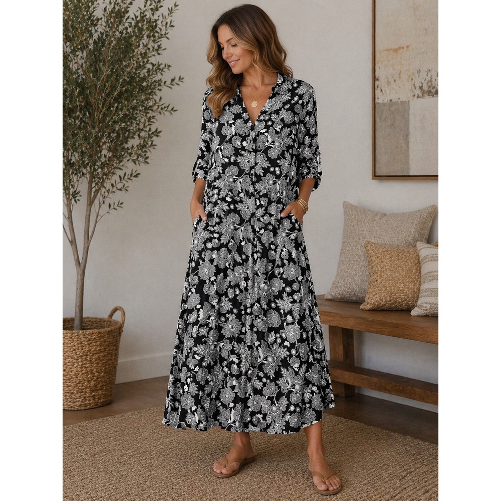 Roamans Womens Maxi Dress 20W Black White Floral Paisley Rayon 3/4 Sleeve Cutout